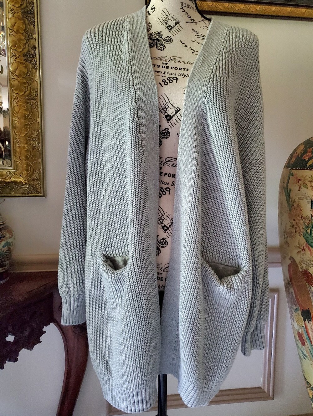 Tahari 100% Cotton Longline Chunky Knit Open Front Cardigan Sweater Grey M